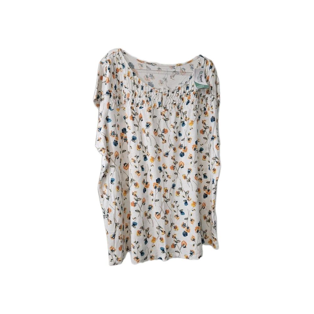 Land's End NWT Womens 3X Top Shirt S/S Pintucking Floral Pullover Front Keyhole